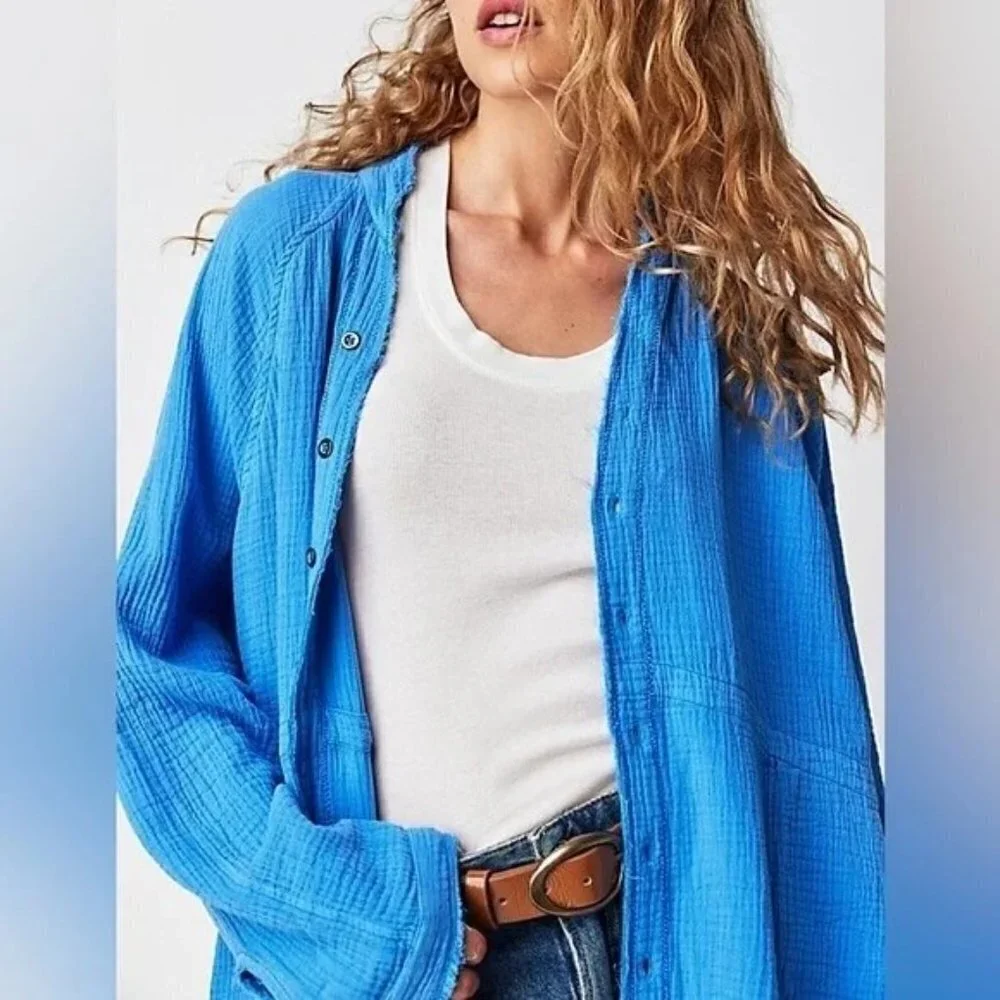 FREE PEOPLE We the Free Summer Daydream Button Down Shirt Blue Size S NEW $108